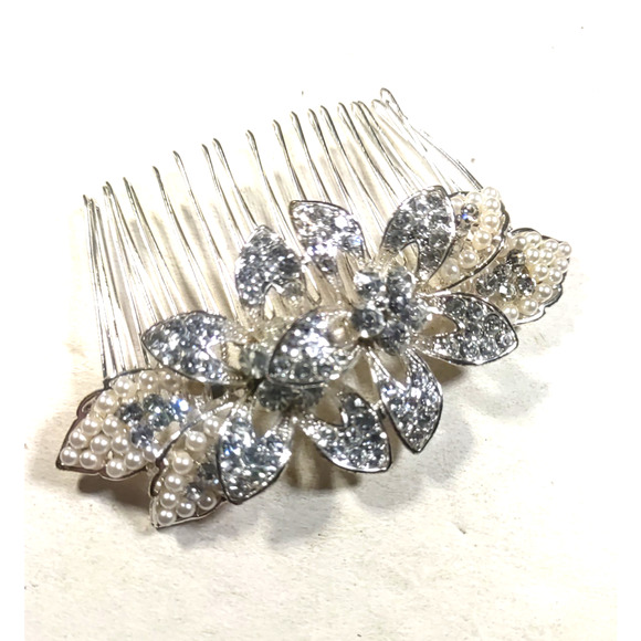 Hair Barrette Comb Rhinestone Faux Pearl silver Tone Floral Wedding Party... - Picture 2 of 6